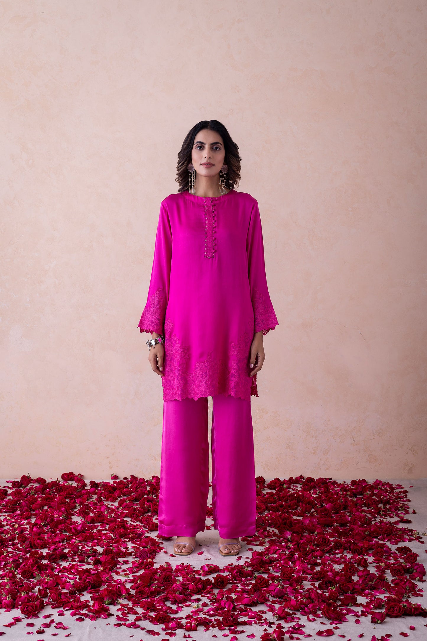 Malika Hot Pink Co-ord Set with Embellished Satin Kurta and Floral Organza Embroidery