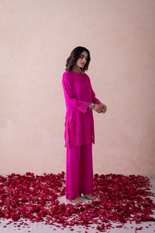 Malika Hot Pink Co-ord Set with Embellished Satin Kurta and Floral Organza Embroidery