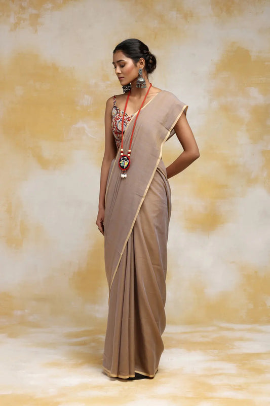 Handloom Clay Beige Mulmul Cotton Saree With Tassels