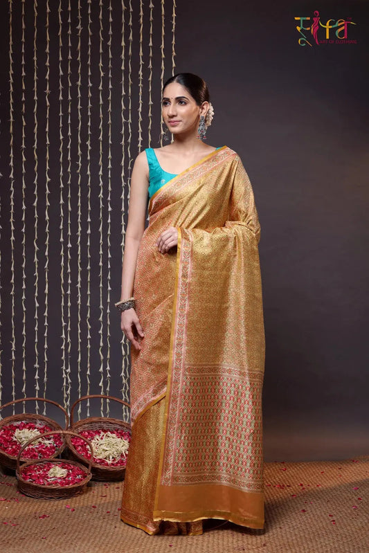Handloom Yellow Pure Silk Tanchoi Banarasi Saree