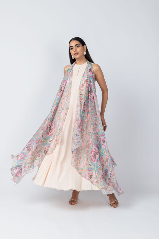 ROOHI Ivory A-Line Dress & Architectural Print Organza sleevless Jacket