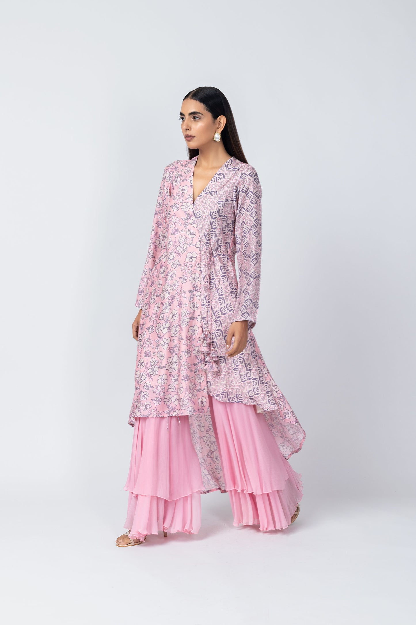 Saba Wrap Asymmetric Printed Kurta with Baby Pink Sharara