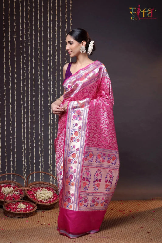 Magenta Handloom Pure Silk Banarasi Paithani Saree