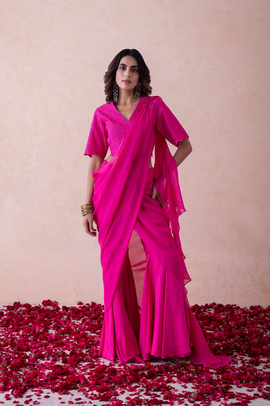 Bebo Hot Pink Organza Halter Neck schiffli embroidery Top & Sharara Set