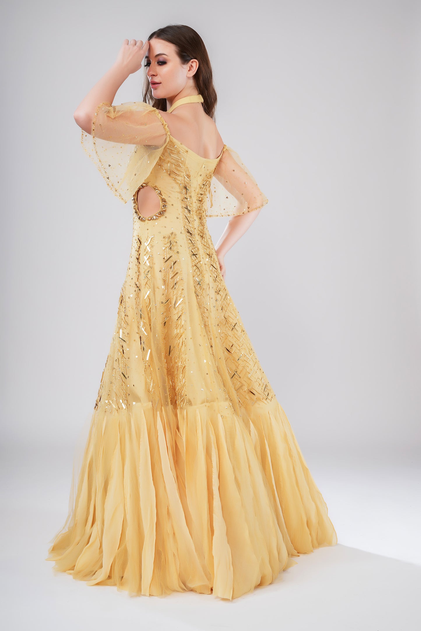 Sunlit serande Golden Tulle Sangeet Gown