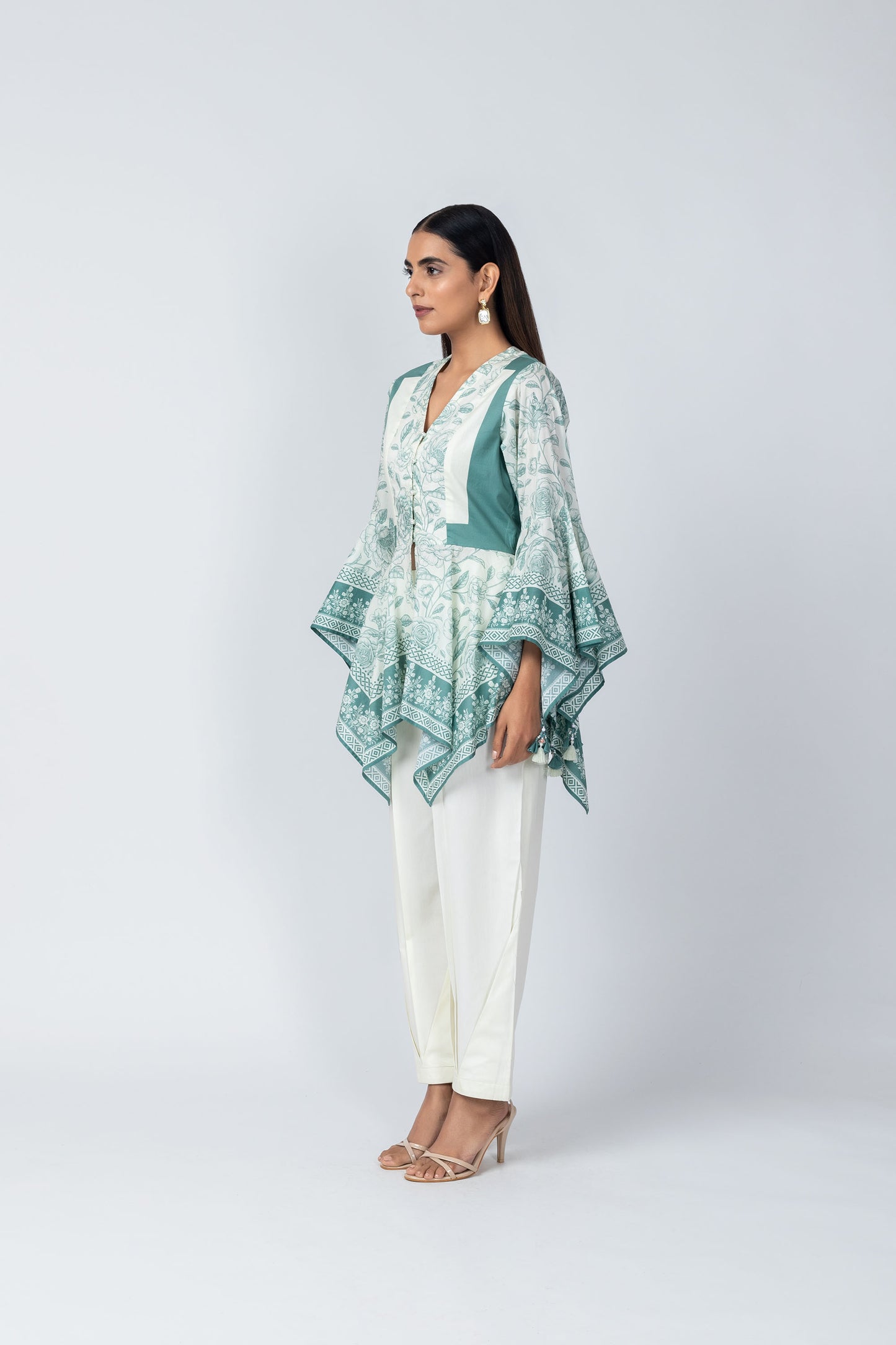 Sara Flared Sleeves Delicate Tassel top with Ivory Crape Dhoti
