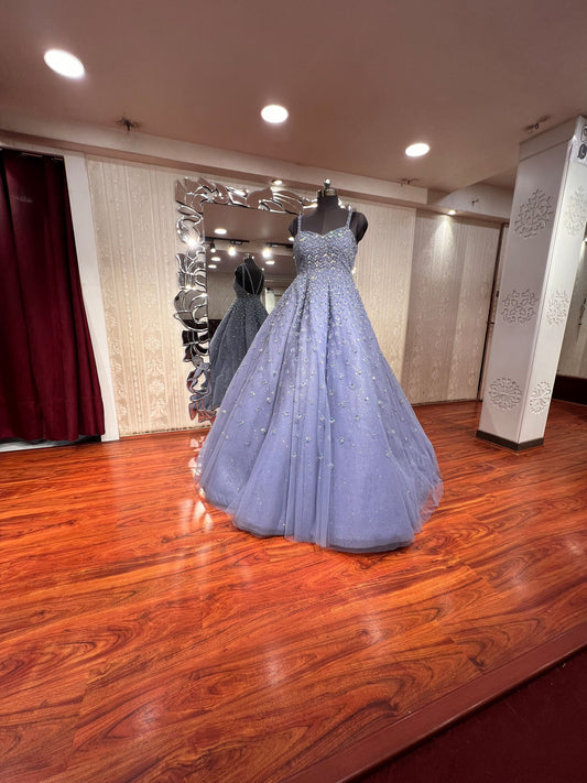 Lavender Net Hand Embroidered Ball Gown with Fancy Stone work