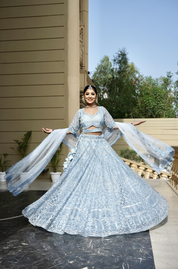 Ice Blue Soft Net Thread Embroidered Wedding Guest Lehenga