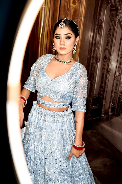 Ice Blue Soft Net Thread Embroidered Wedding Guest Lehenga