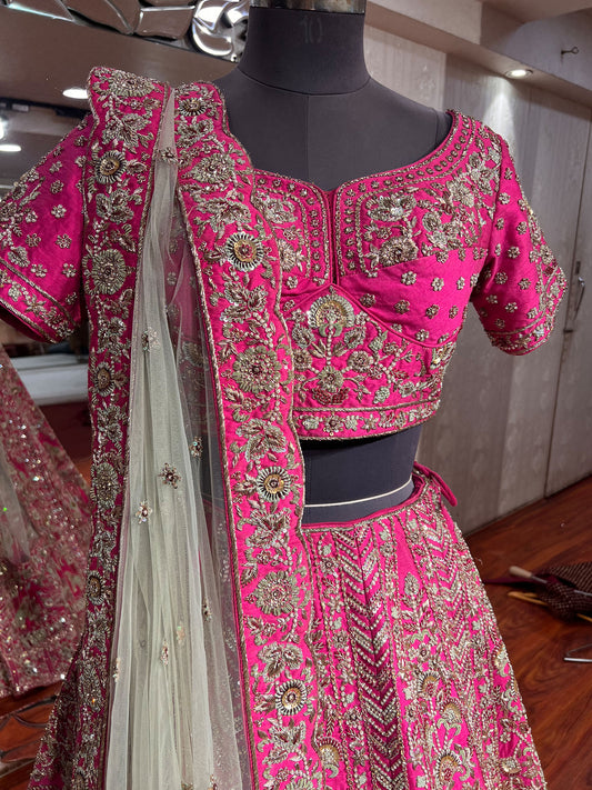 Pink Hand Embroidered Raw Silk sequins Bridal Lehenga with pearl work dupatta