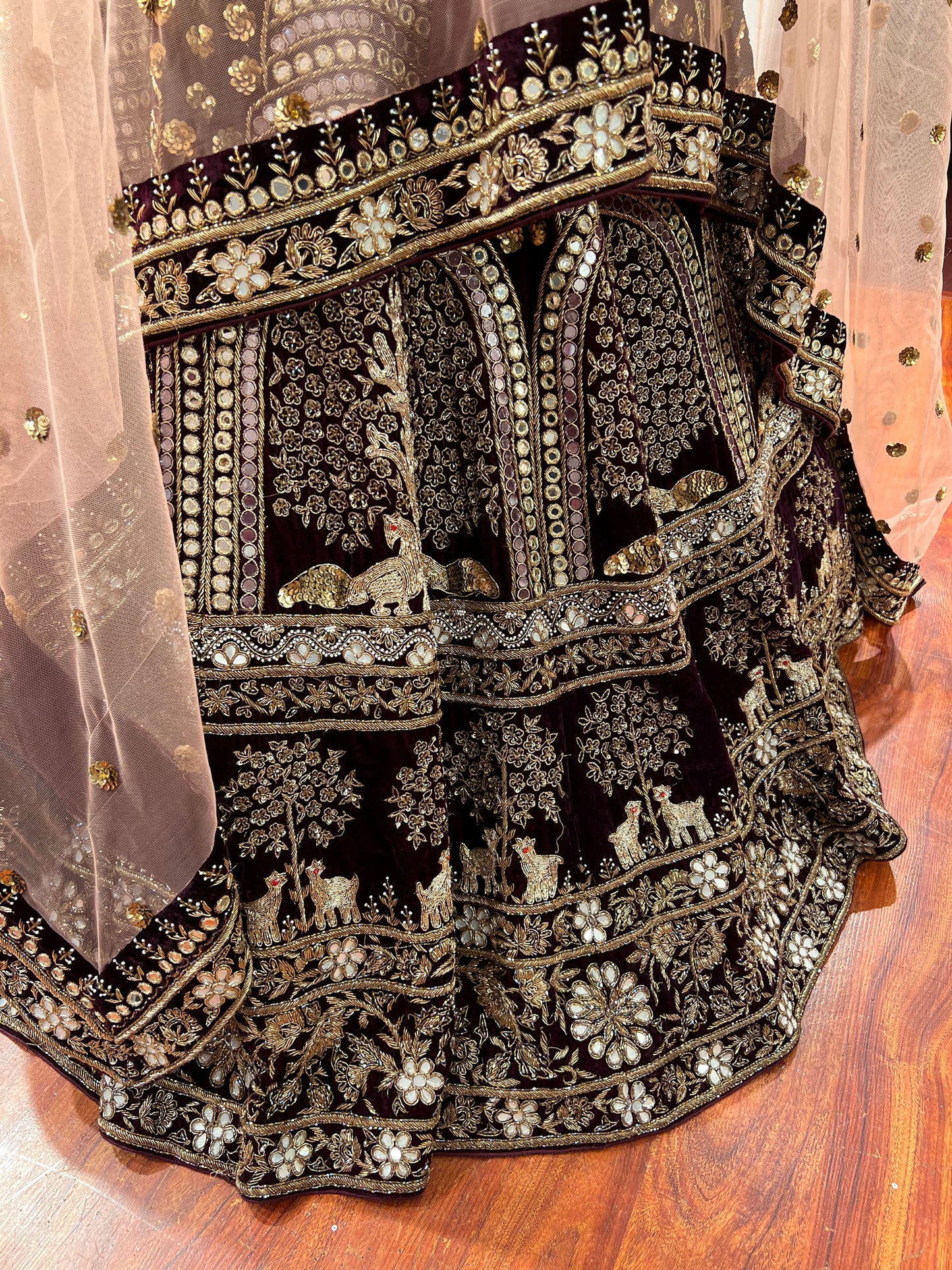 Maroon Hand Embroidered Micro Velvet heavy mirror work bridal lehenga