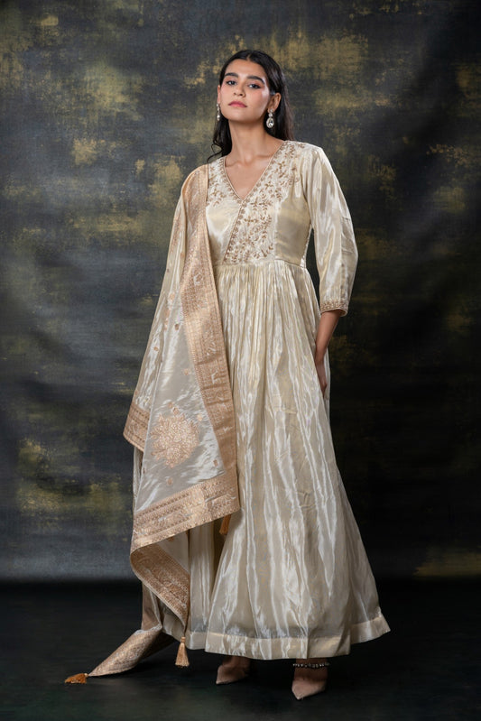 Ivory white satin silk zari embroidered gown