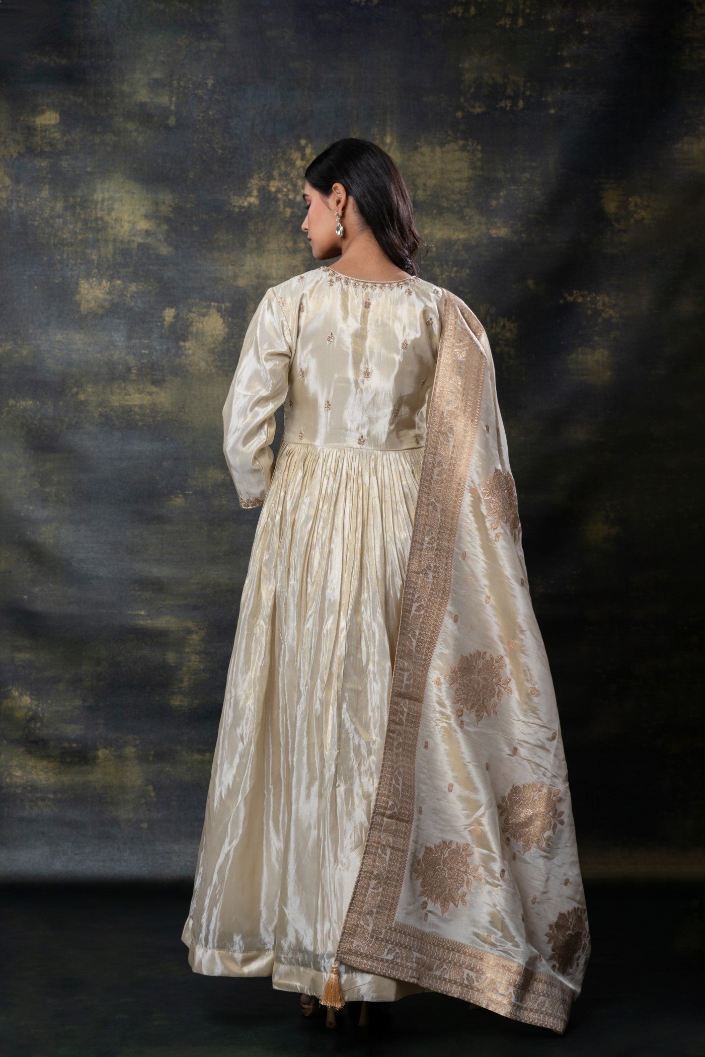 Ivory white satin silk zari embroidered gown