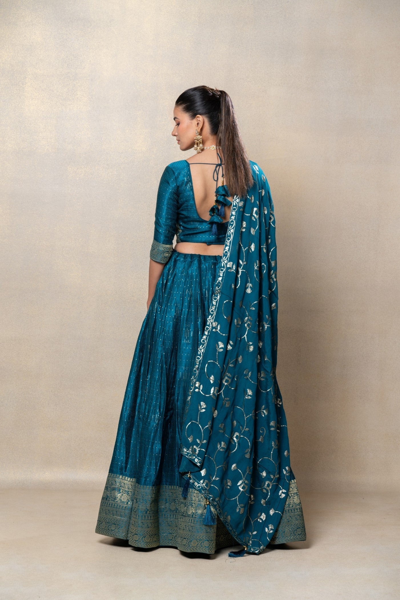 Teal blue soft silk sequinned lehenga set