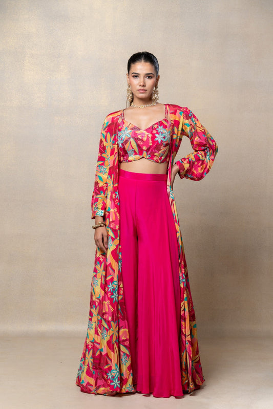 Deep pink soft silk sequinned indo-western set