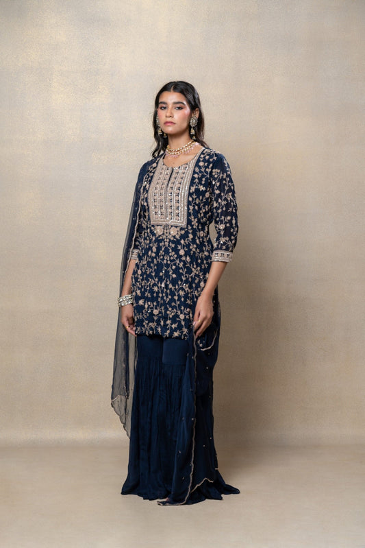 Navy blue sequinned soft silk suit set