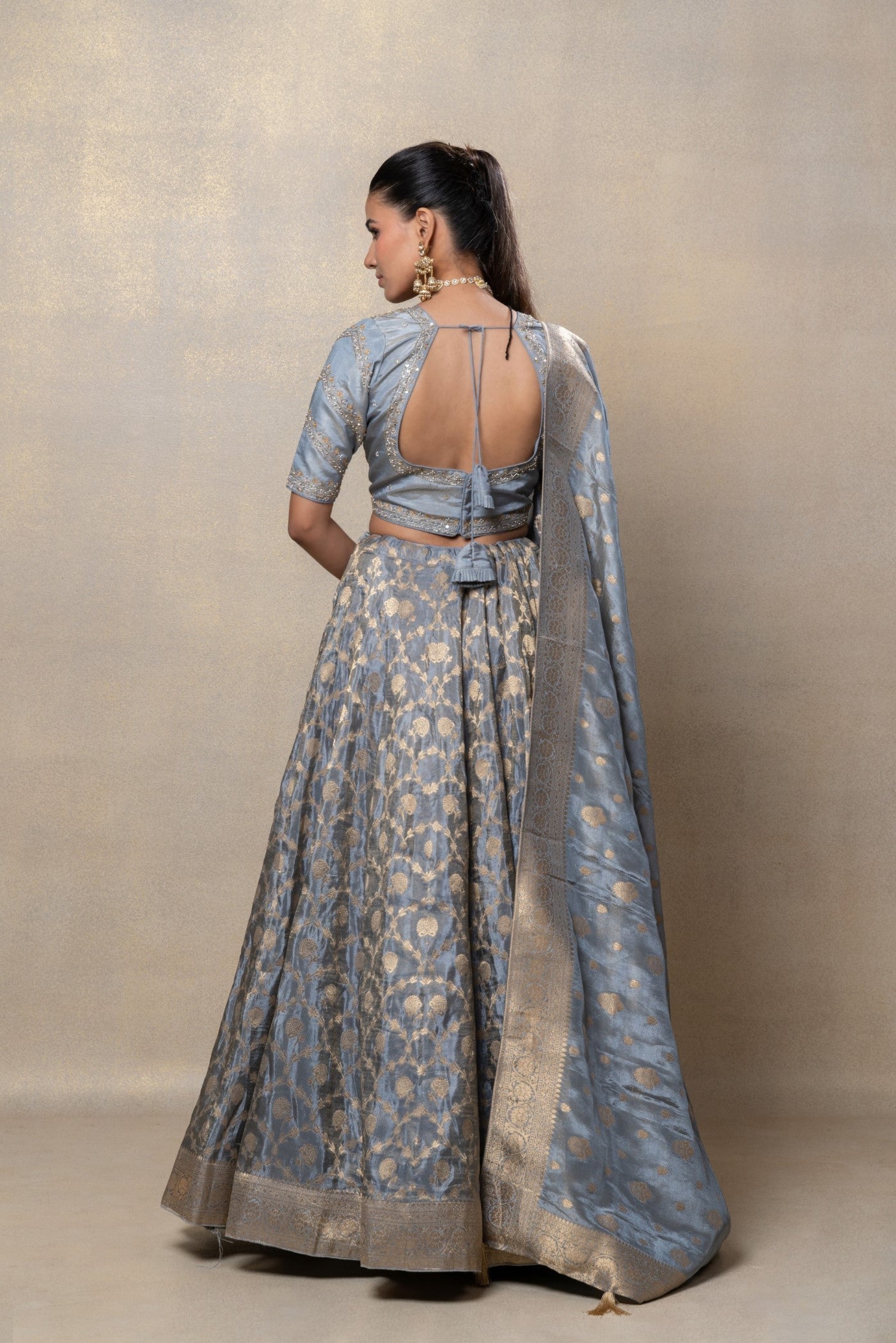 Metallic silver soft silk lehenga set