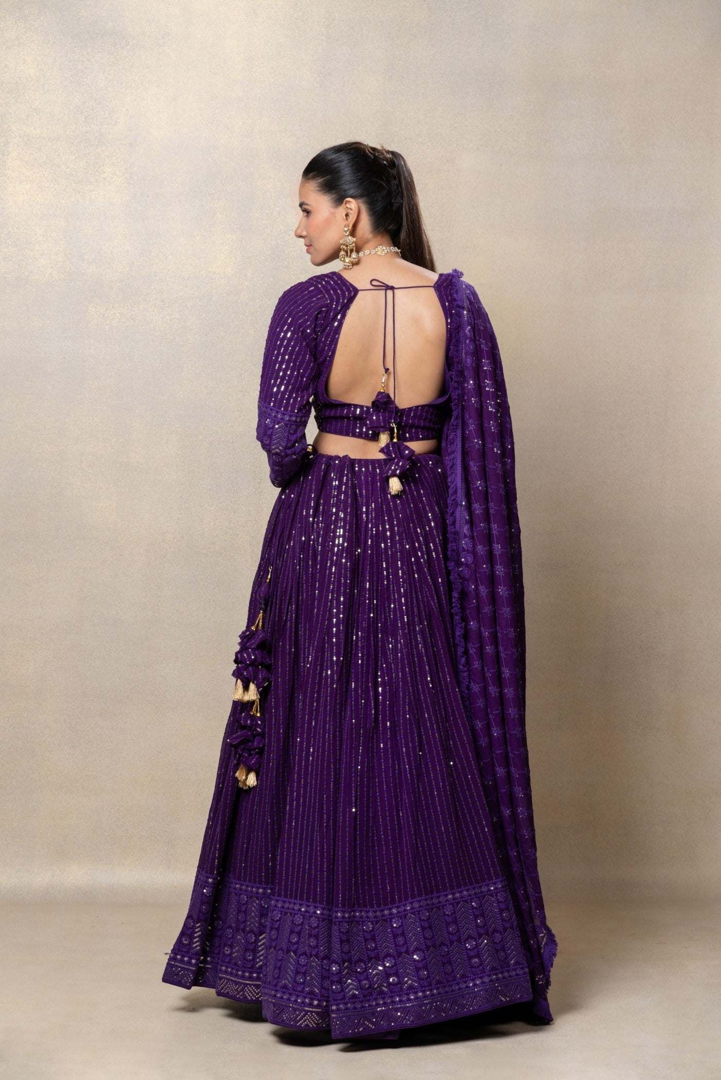 Indigo purple sequinned georgette silk lehenga set