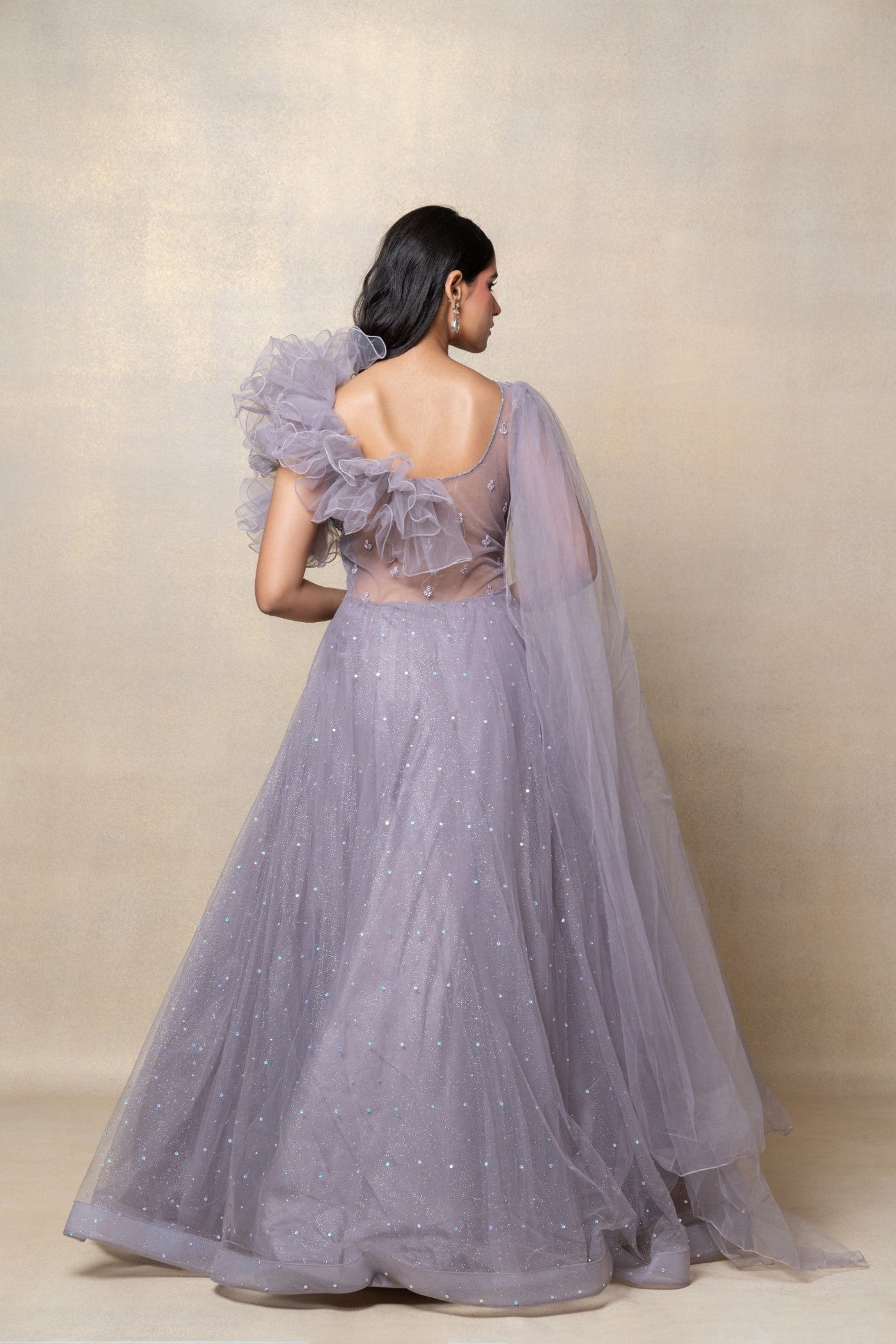 Platinum grey sequinned net gown