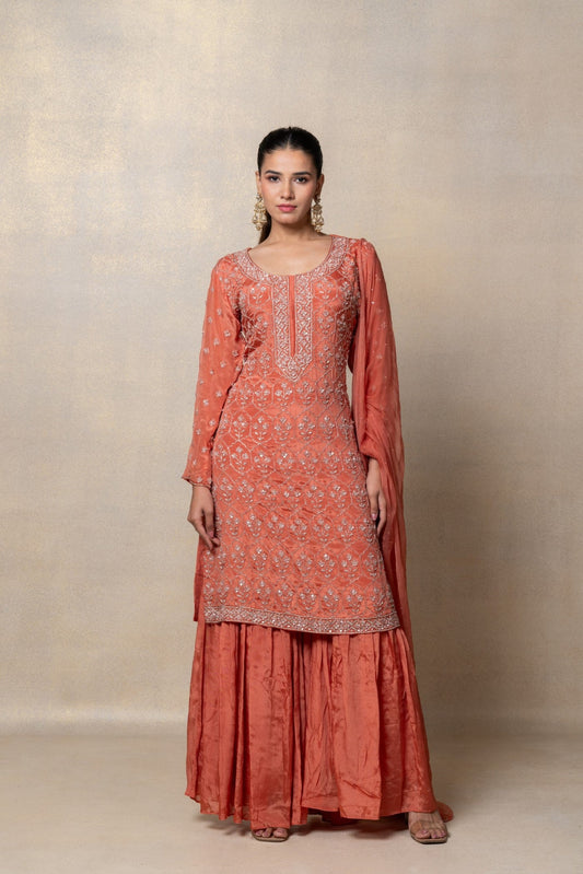 Brick red sequinned soft silk suit set