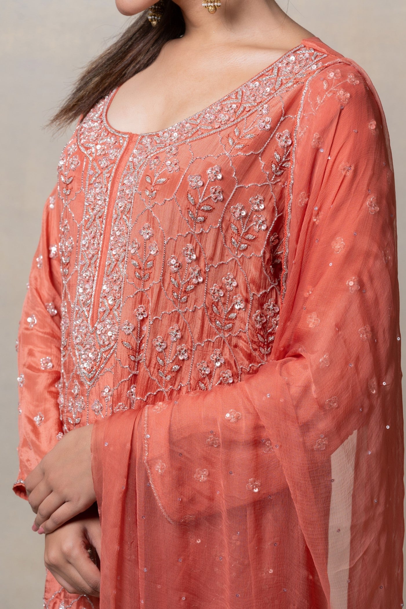 Brick red sequinned soft silk suit set