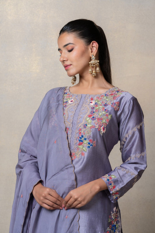 Light lavender satin silk resham embroidered suit set