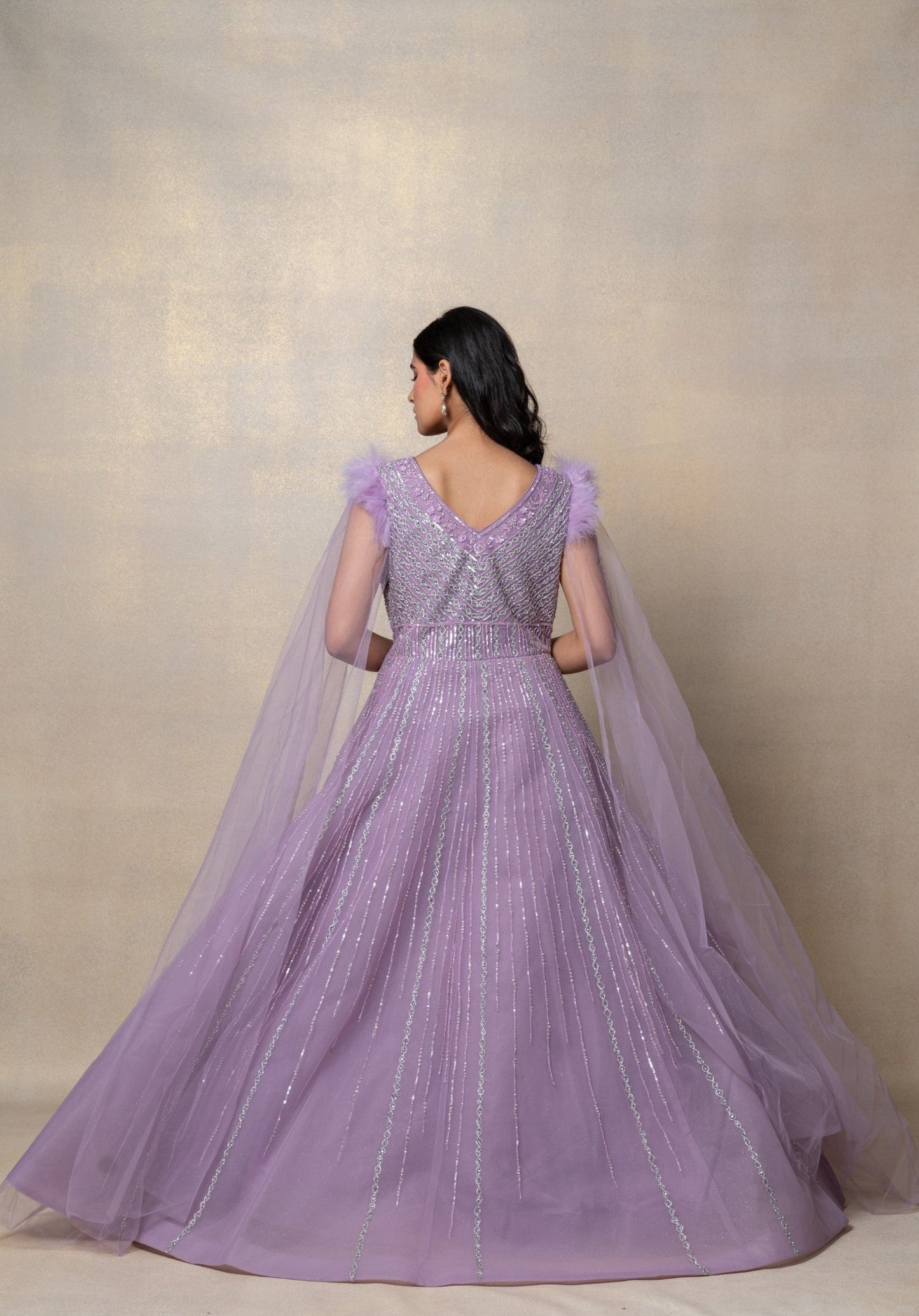 Bright lilac sequinned net gown