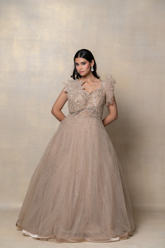 Tortilla brown sequinned net gown
