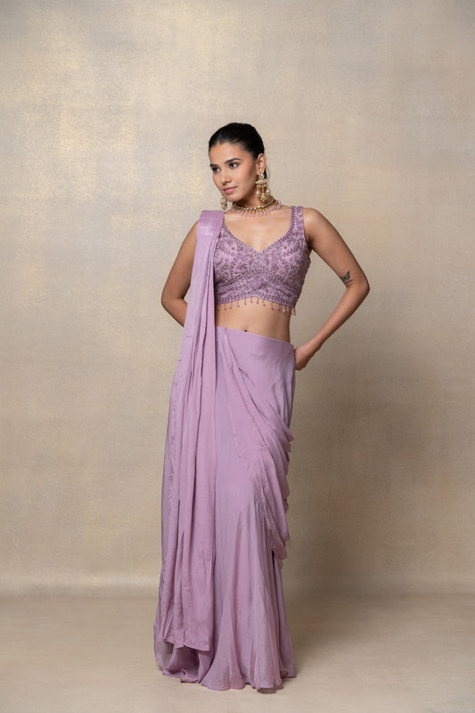 Pale lilac satin silk ready to wear saree