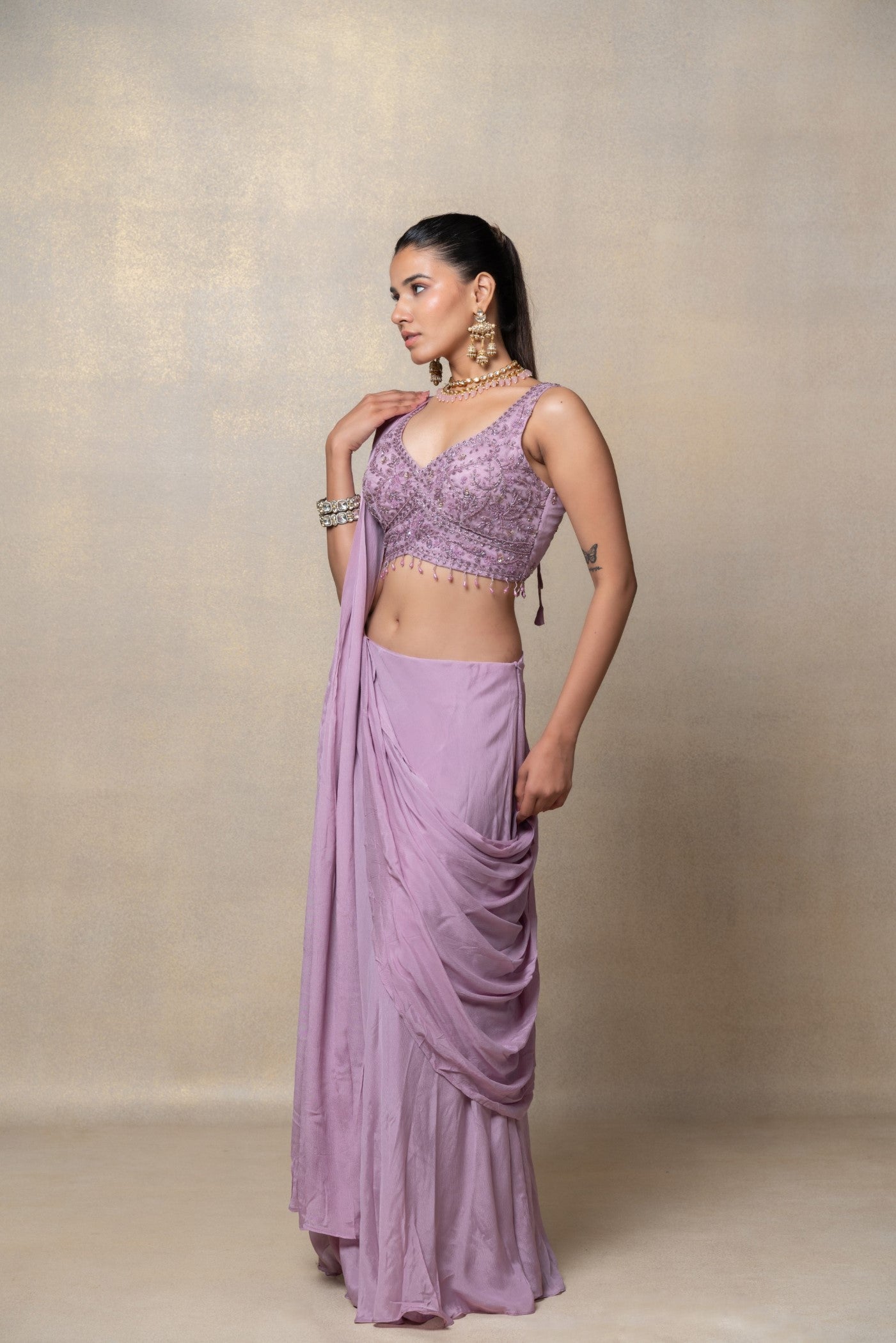 Pale lilac satin silk ready to wear saree
