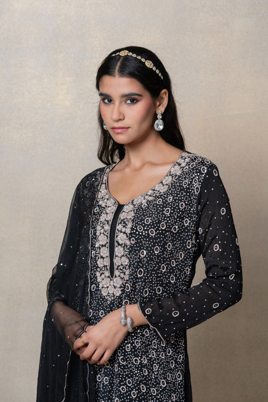 Jet black satin silk sequinned suit set