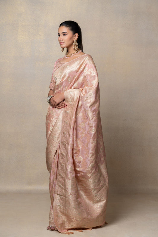 Peachy pink silk saree