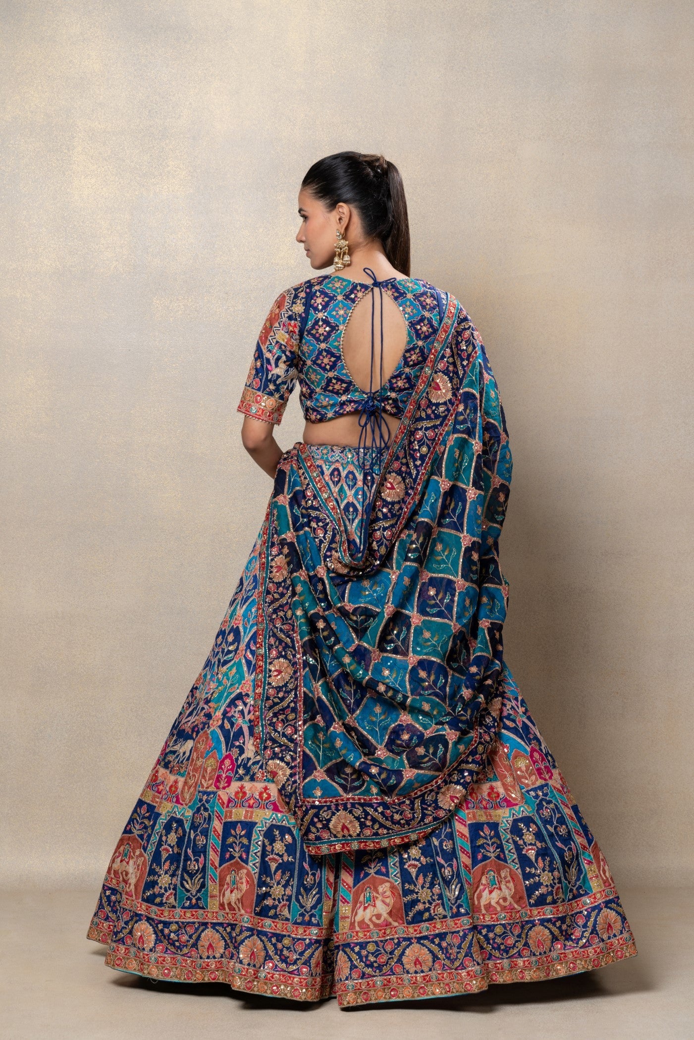 Peacock blue soft silk sequinned lehenga set