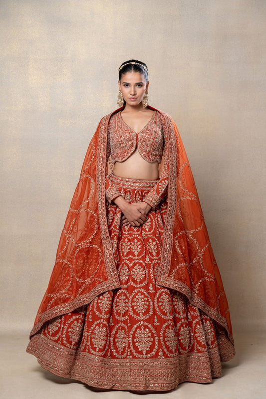Red heavily embellished georgette organza Bridal lehenga set