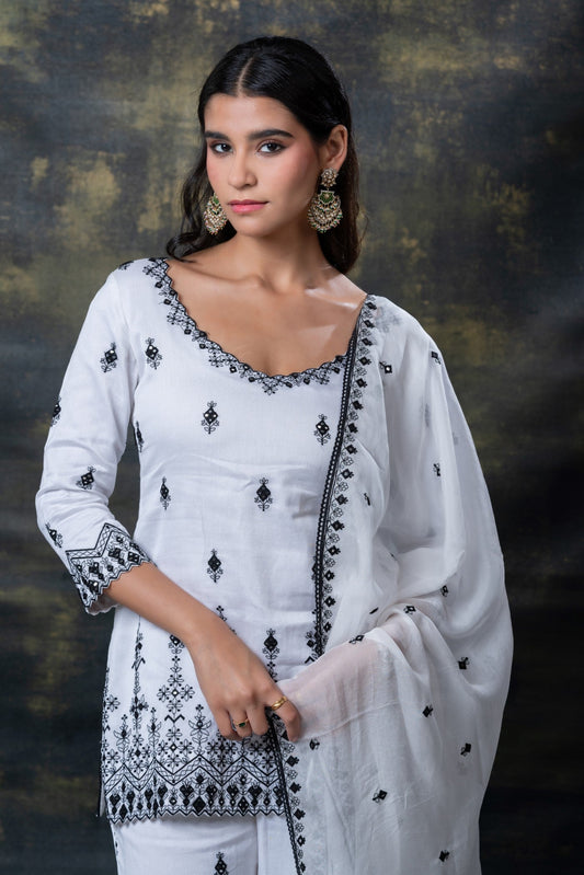 Porcelain white soft silk resham and mirror embellished suit set