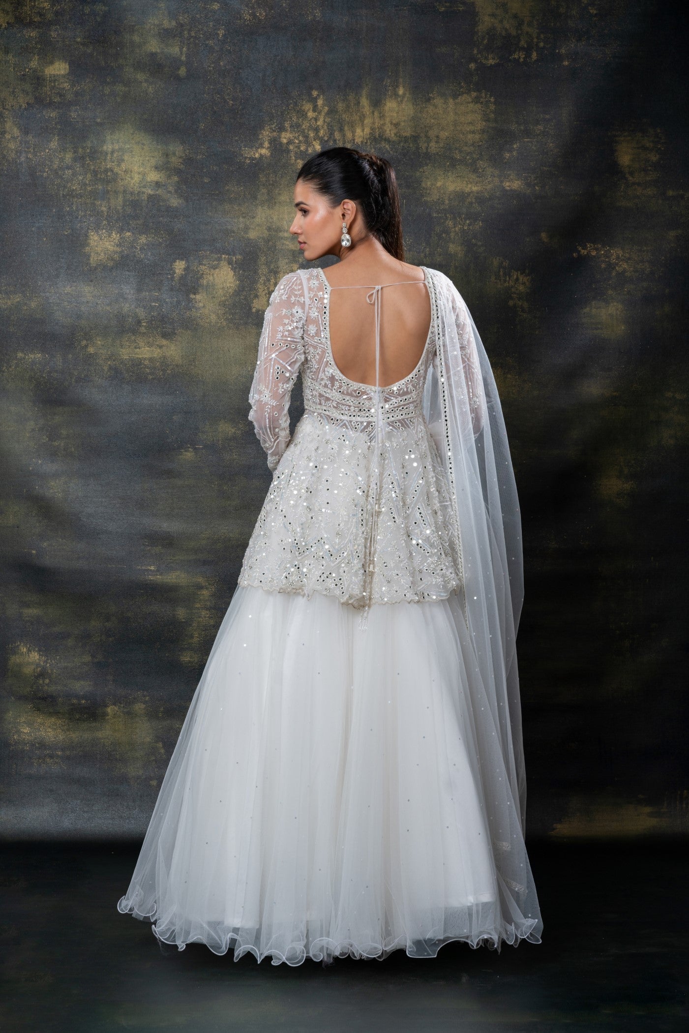 Ice white mirror embellished net indo-western set