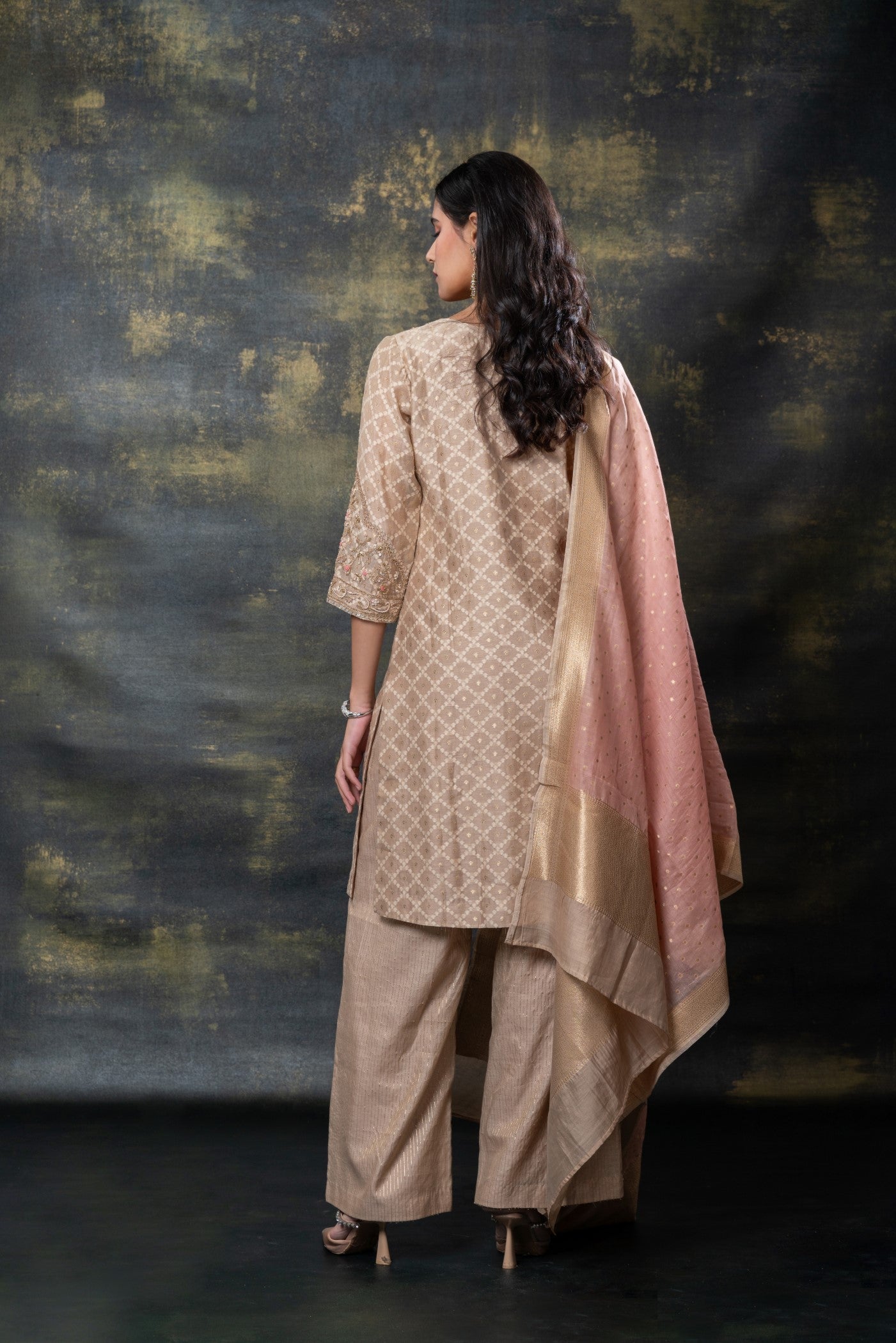 Nude brown sequins and zari embellished soft silk suit set