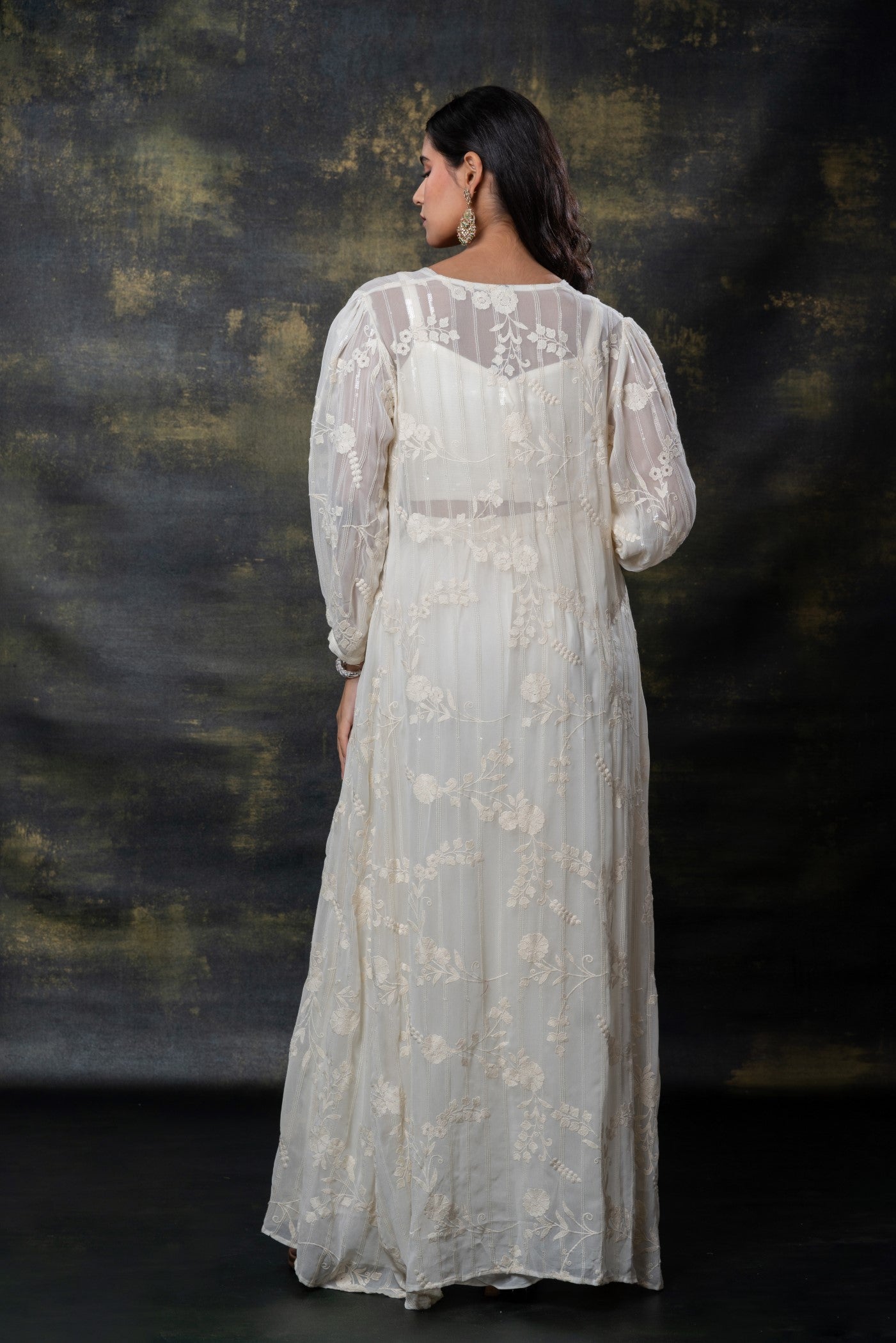 Porcelain white sequins embellished soft silk ino-western set