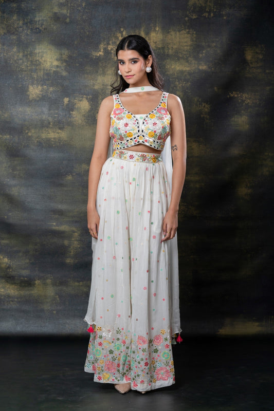 Pearl white mirror and sequins embellished georgette indo-western set