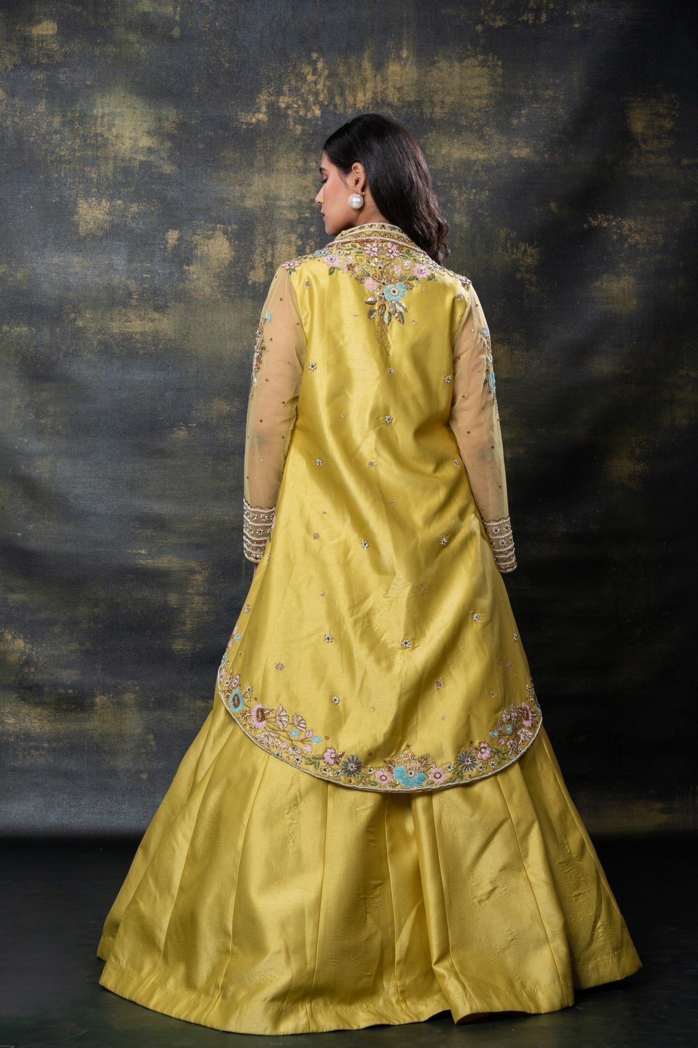 Mimosa yellow heavily embellished raw silk indo-western set
