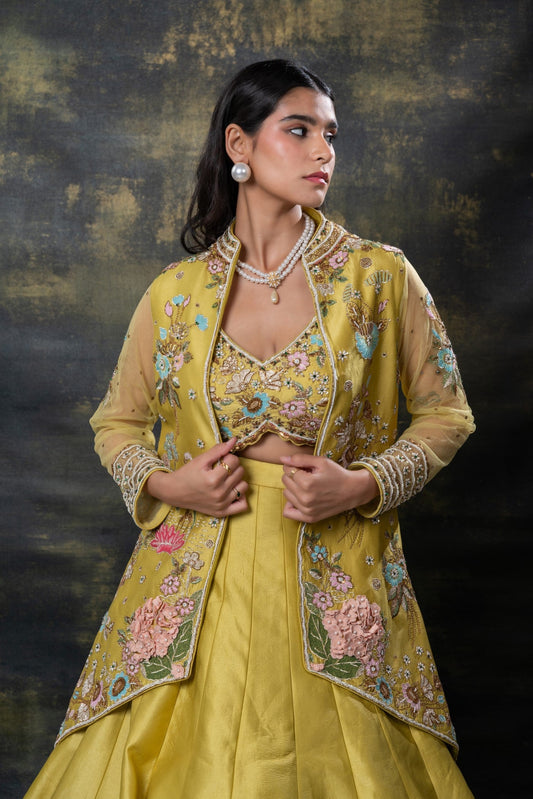 Mimosa yellow heavily embellished raw silk indo-western set