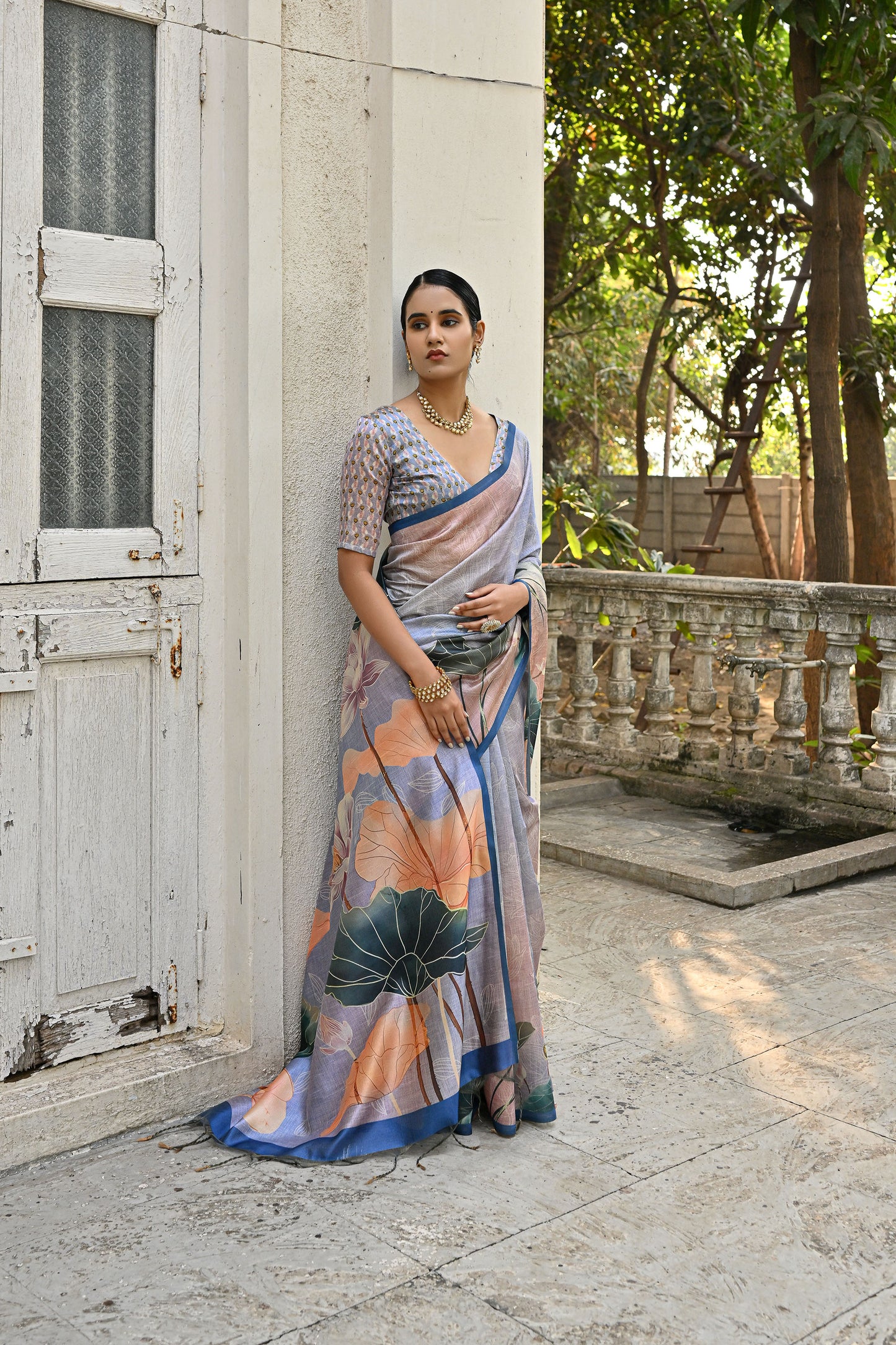 Jiyani Flower Blue Cotton Silk Floral printed Saree