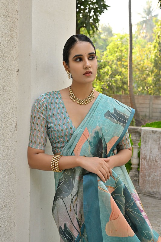 Jiyani Flower Firozi Cotton Silk Floral printed Saree