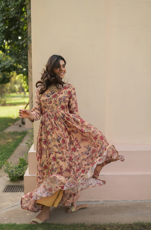 Floral Printed Muslin Gown with Embroidered Neckline