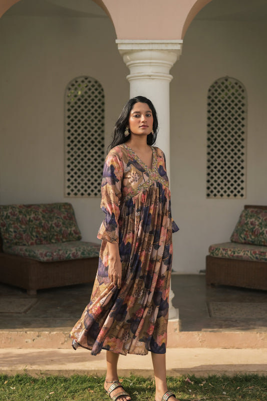 Chic V-Neck Floral Muslin Gown