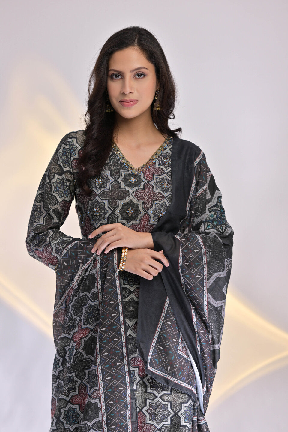 Embroidered Muslin V-Neck Suit Set with Dupatta