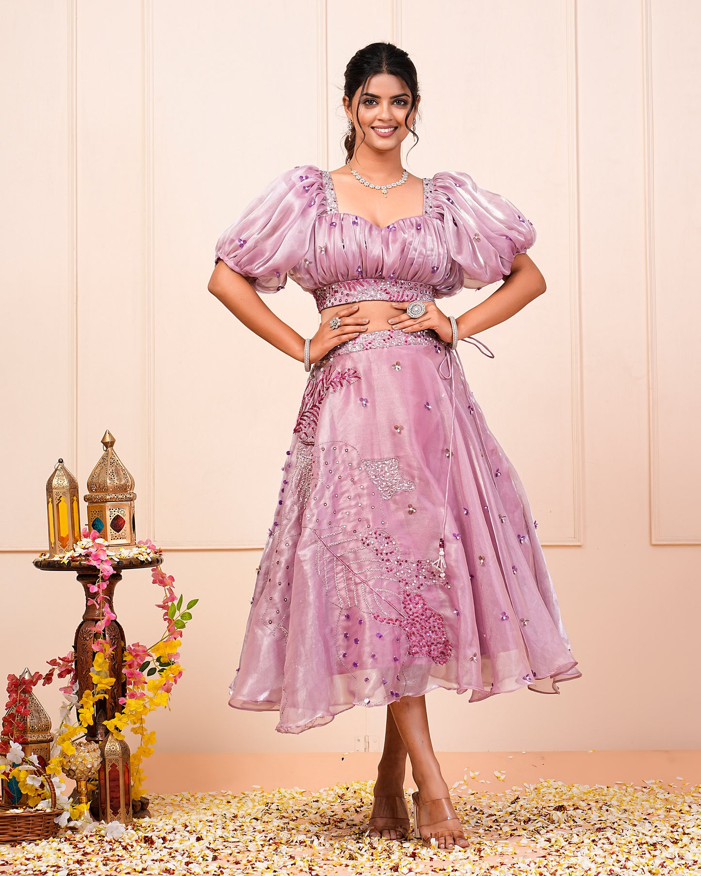 Pink Lavender Floral Hand Embroidered Short Lehenga Choli With Bum Bag Set