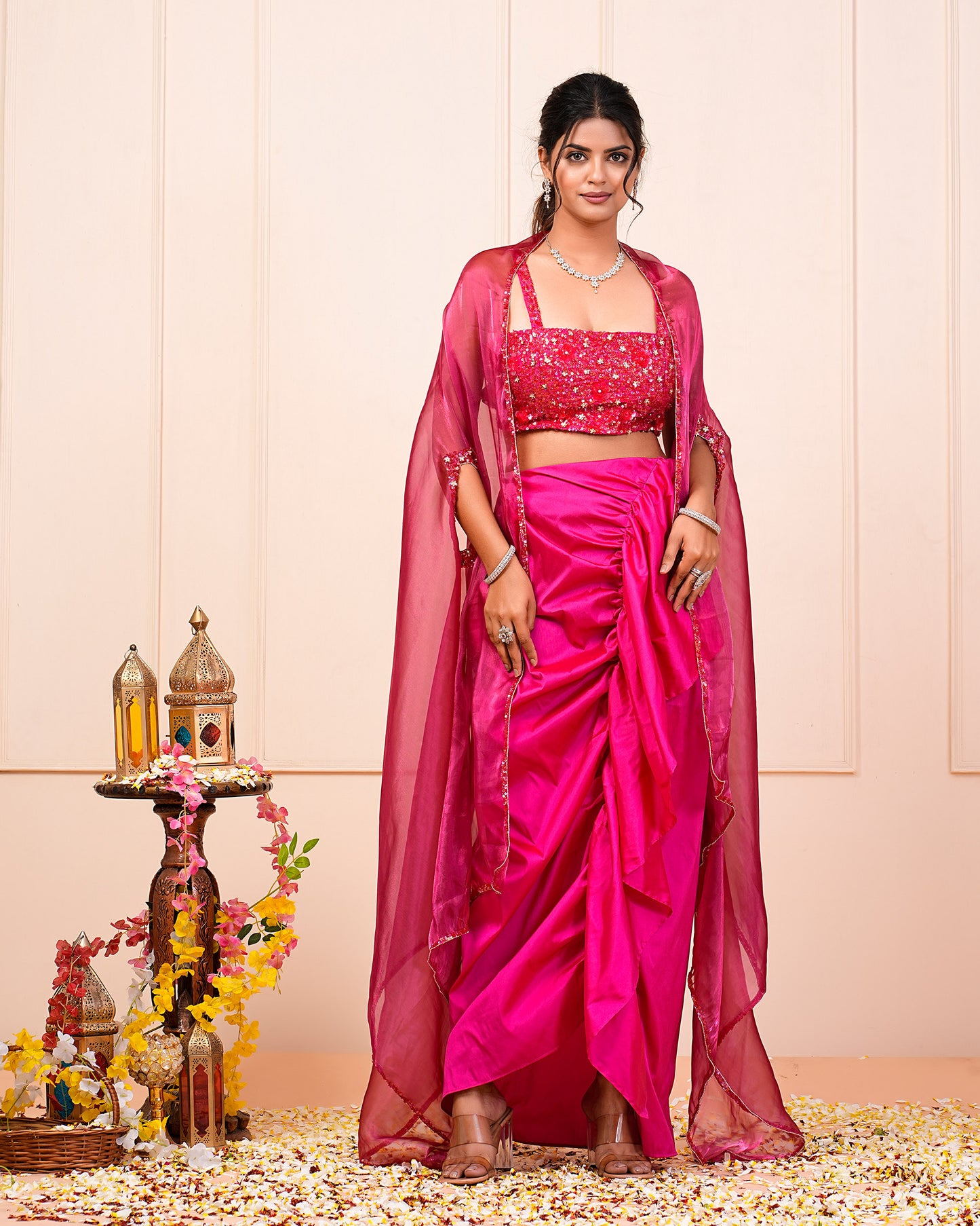 Pink Heavy Embroidered Choli With Drape Skirt And Cape Set