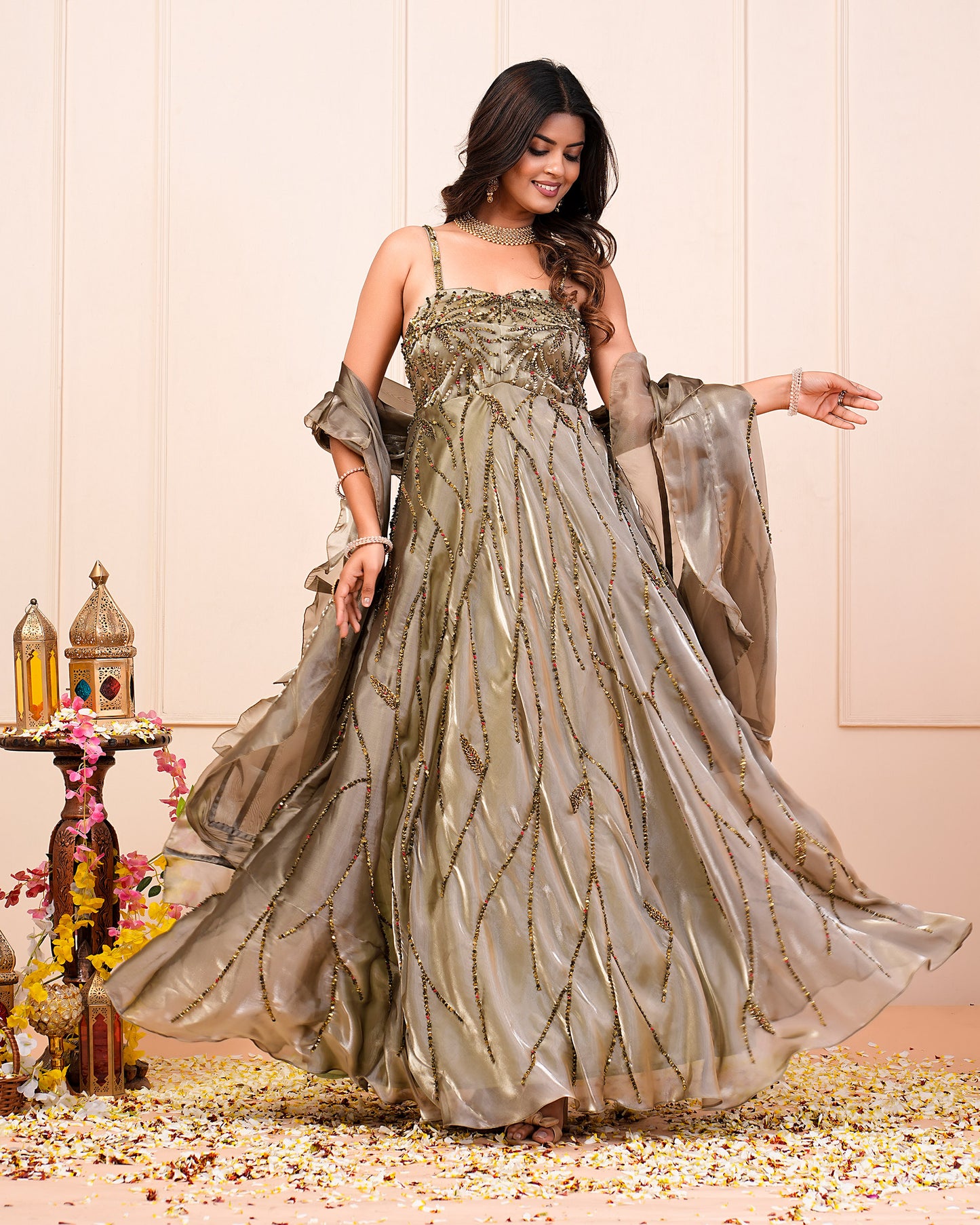 Laurel Green Sequence Embroidered Suit With Dupatta Set