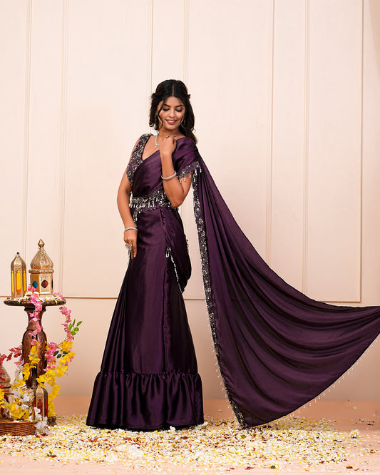 Blackberry Wine Hand Embroidered Choli With Pre Drape Saree Belt Set